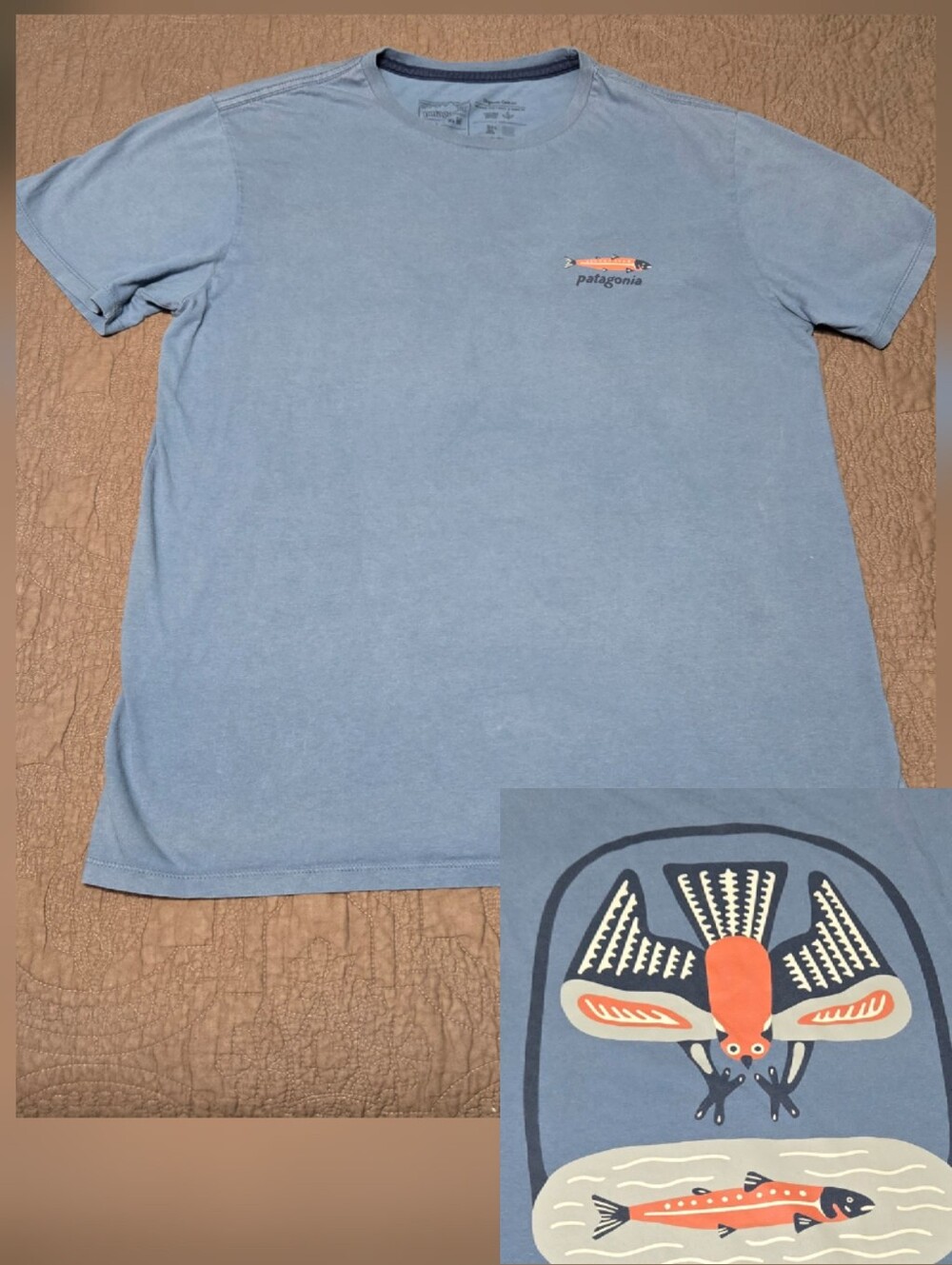 Patagonia Women's L Men's M Dive & Dine Organic T-Shirt Tee Blue Grey Osprey